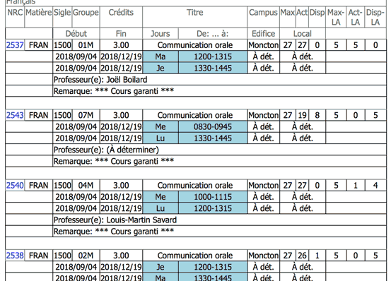 Liste de cours