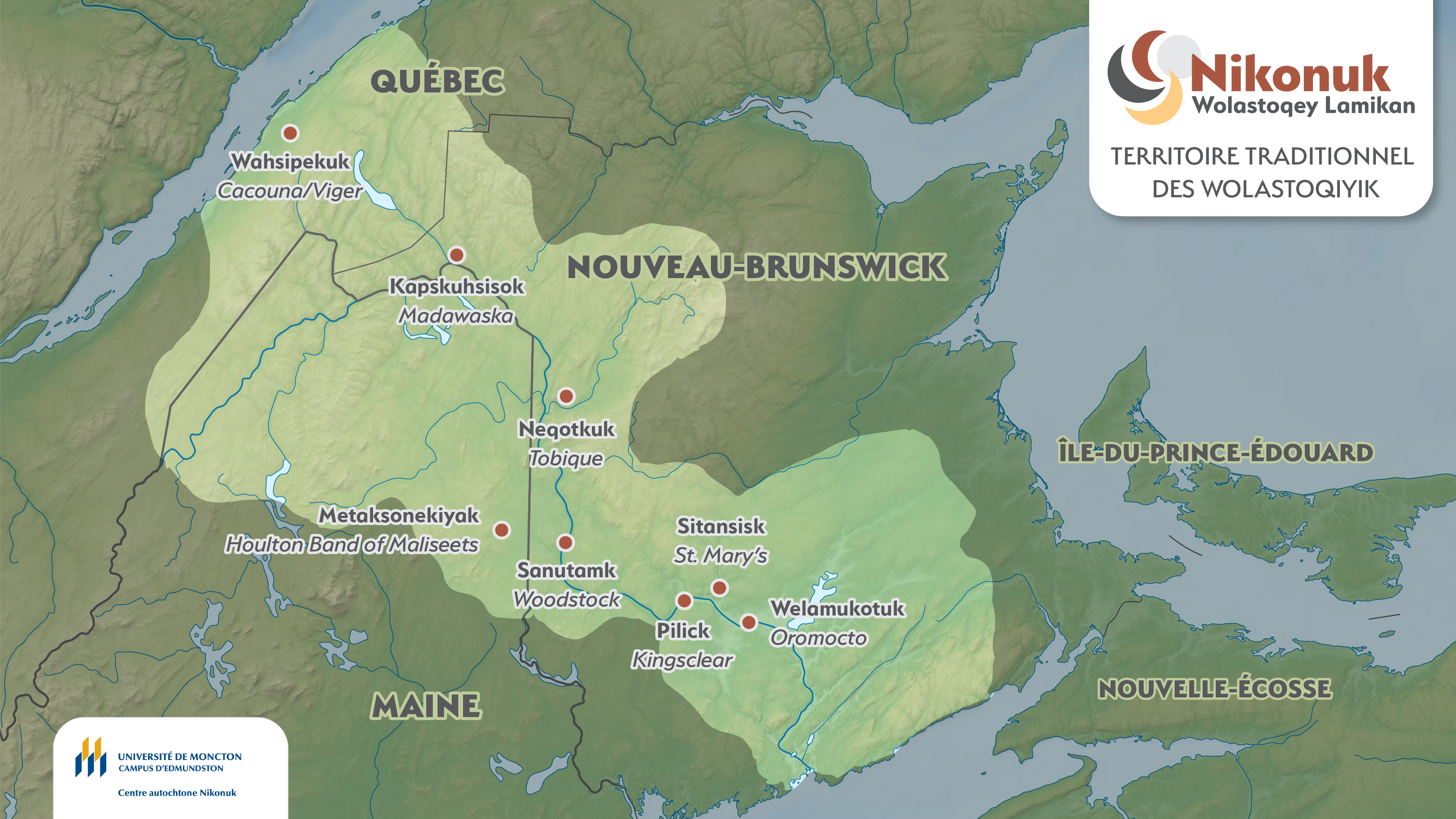 Mappe du Nouveau-Brunswick avec les frontières tradtionnelles des PRemières Nations