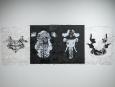 Shivanya Ra. Within/Throughout: Disjunction Encountered, 2026 Sérigraphie sur papier Stonehenge, éléments en carton mat réalisés à l’encre de Chine noire et blanche, vernis et peinture acrylique | Silkscreen on Stonehenge paper, matte board components using black and white India ink with varnish, and acrylic paint